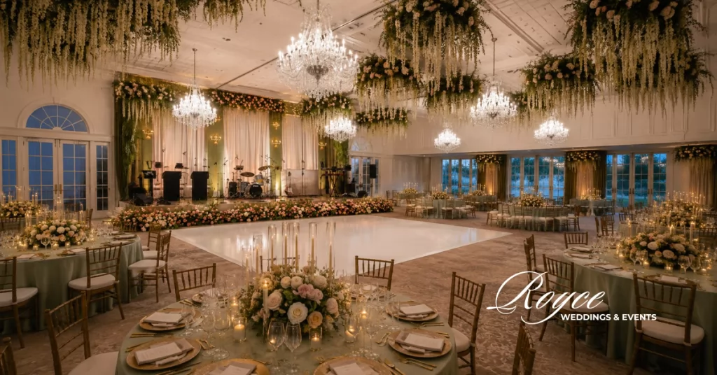 Luxury Santa Barbara wedding reception in elegant ballroom with refined floral decor