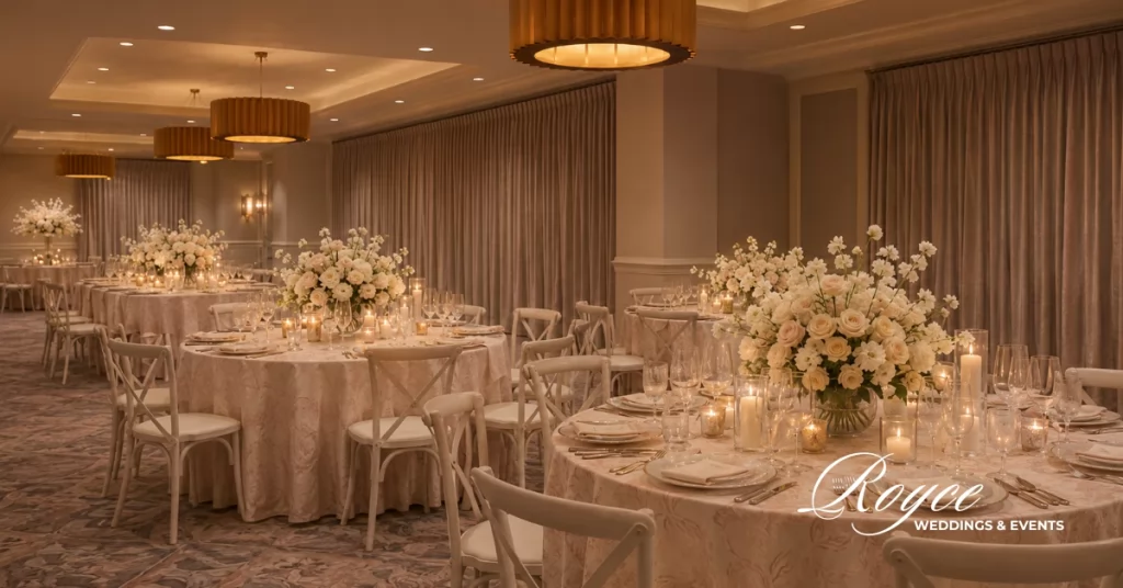 Wedding reception at Miramar Room during a Half Moon Bay Wedding with ocean views
