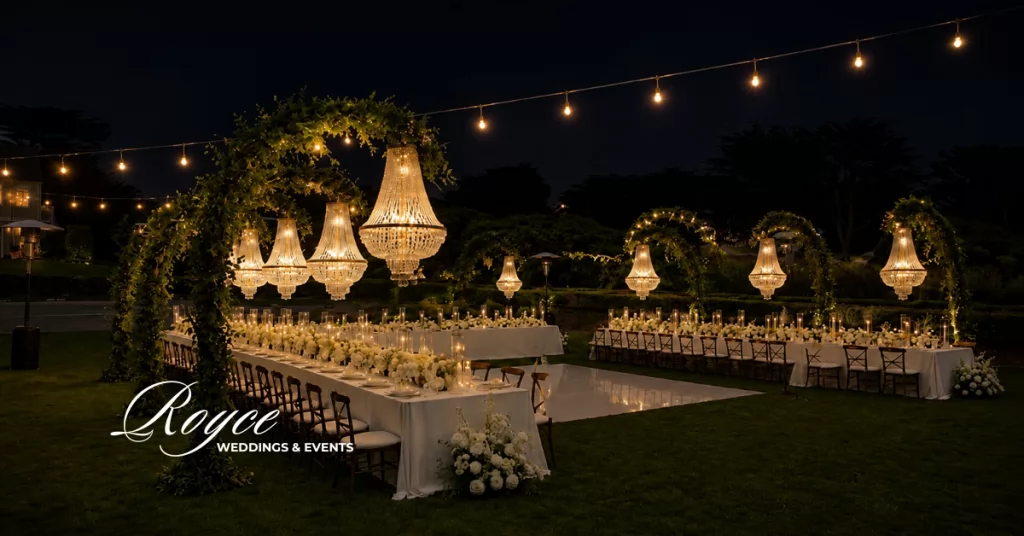 Romantic nighttime outdoor reception during a Half Moon Bay Wedding with elegant lighting