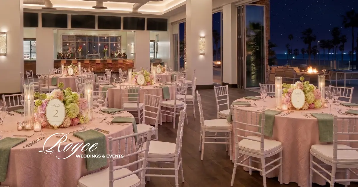 Huntington Beach wedding reception at Blue Ballroom with elegant modern decor and romantic tablescape