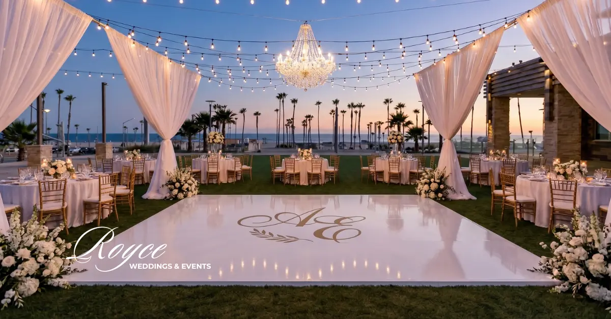 Orange County wedding reception at Ocean Lawn with elegant outdoor tablescape and Pacific Ocean backdrop