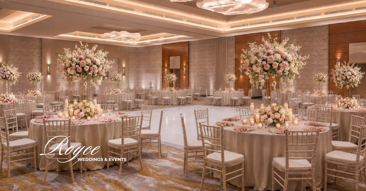 Pasea Huntington Beach Wedding reception in Sapphire Ballroom with luxury floral decor and elegant tablescapes