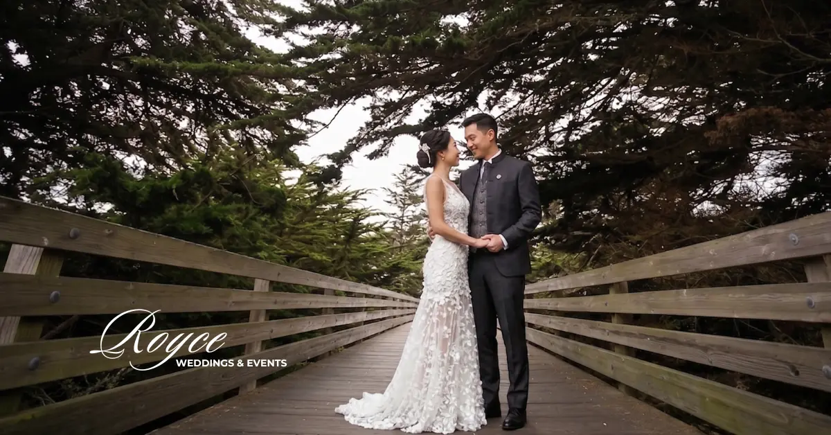 Romantic couple portrait at a Ritz-Carlton Half Moon Bay wedding overlooking the California coast