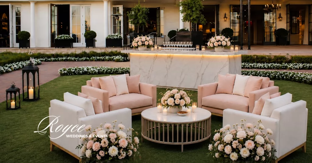 Santa Barbara luxury wedding cocktail hour on the Great Lawn with elegant outdoor decor