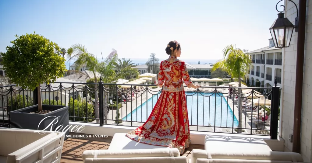 Chinese wedding bride in traditional gown at a luxury Santa Barbara beach resort