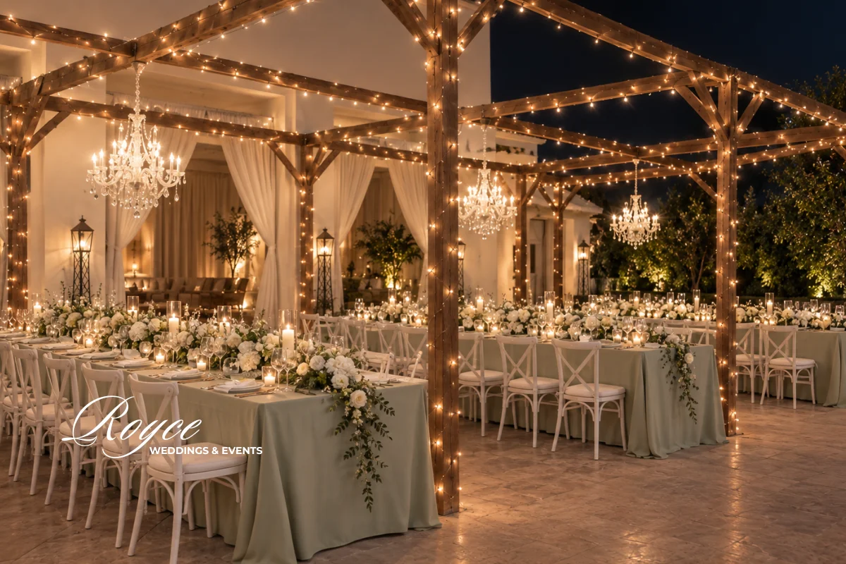 Carlsbad outdoor wedding reception at Avalon Terrace with elegant dining decor and golf course views
