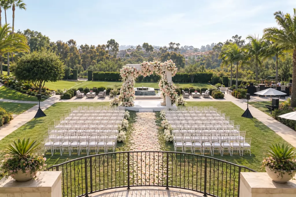 Carlsbad outdoor wedding at The Gardens with grand floral decor and lush garden setting