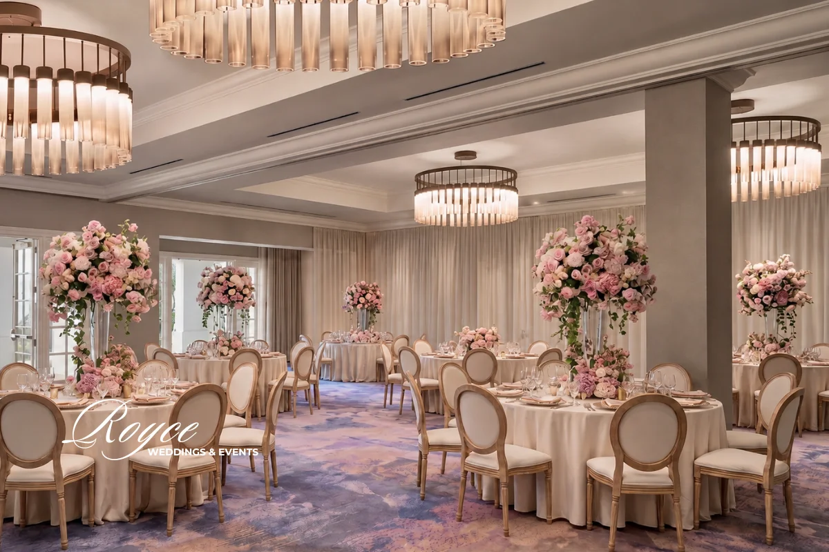 Carlsbad wedding reception at Mariposa with elegant tablescape and romantic floral decor
