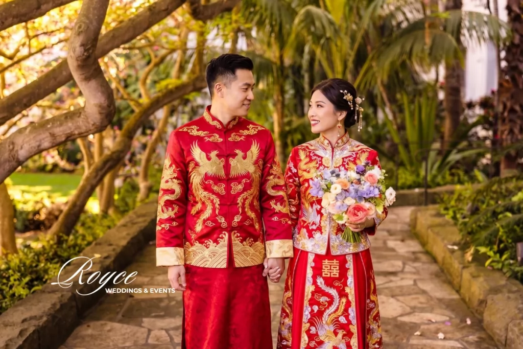 Chinese-American wedding couple in traditional Chinese wedding attire at a Santa Barbara resort