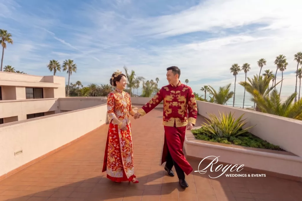 Chinese wedding couple in traditional attire at a luxury Santa Barbara wedding