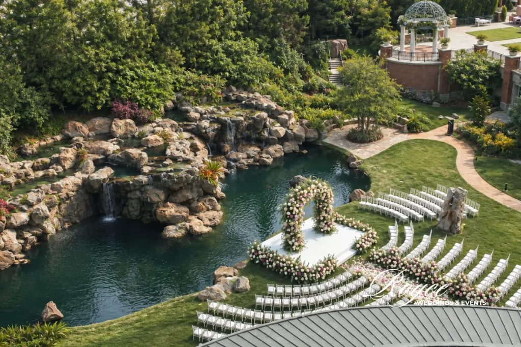 Four Seasons Wedding Guide featuring an elegant wedding ceremony beside the waterfall and lush gardens at Four Seasons Westlake Village