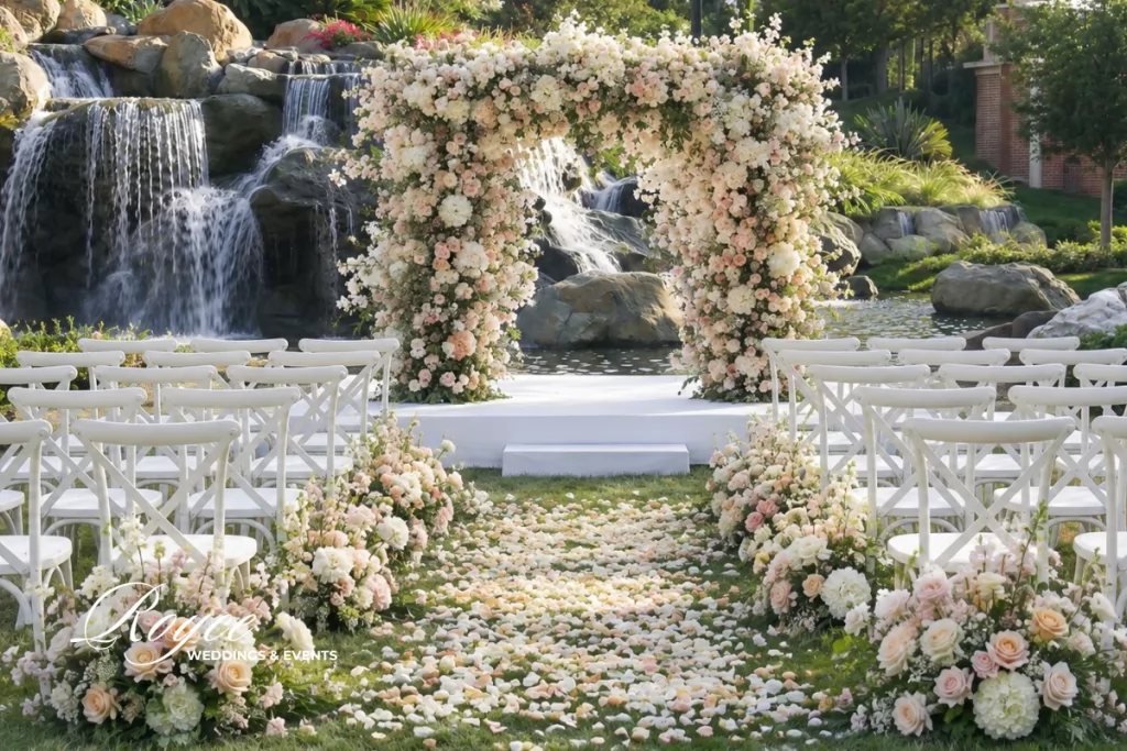 Four Seasons Wedding Guide showcasing a romantic Waterfall Lawn wedding ceremony surrounded by lush greenery