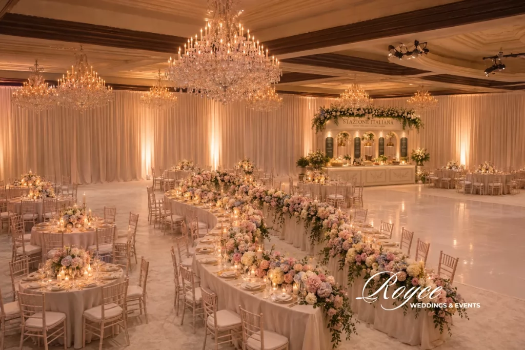 Four Seasons Westlake Wedding Grand Ballroom reception with luxury florals and elegant decor