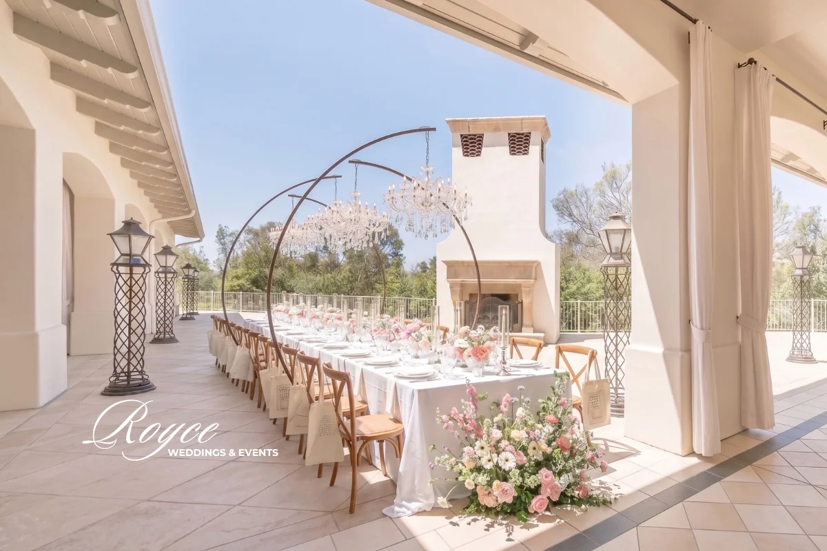 luxury Carlsbad outdoor wedding reception at Laviana Terrace with lush greenery and elegant decor