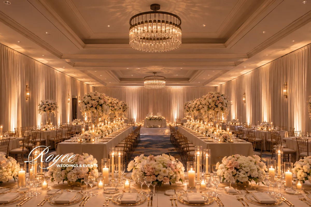 luxury Carlsbad wedding reception in Grand Foyer with elegant floral decor and sophisticated styling