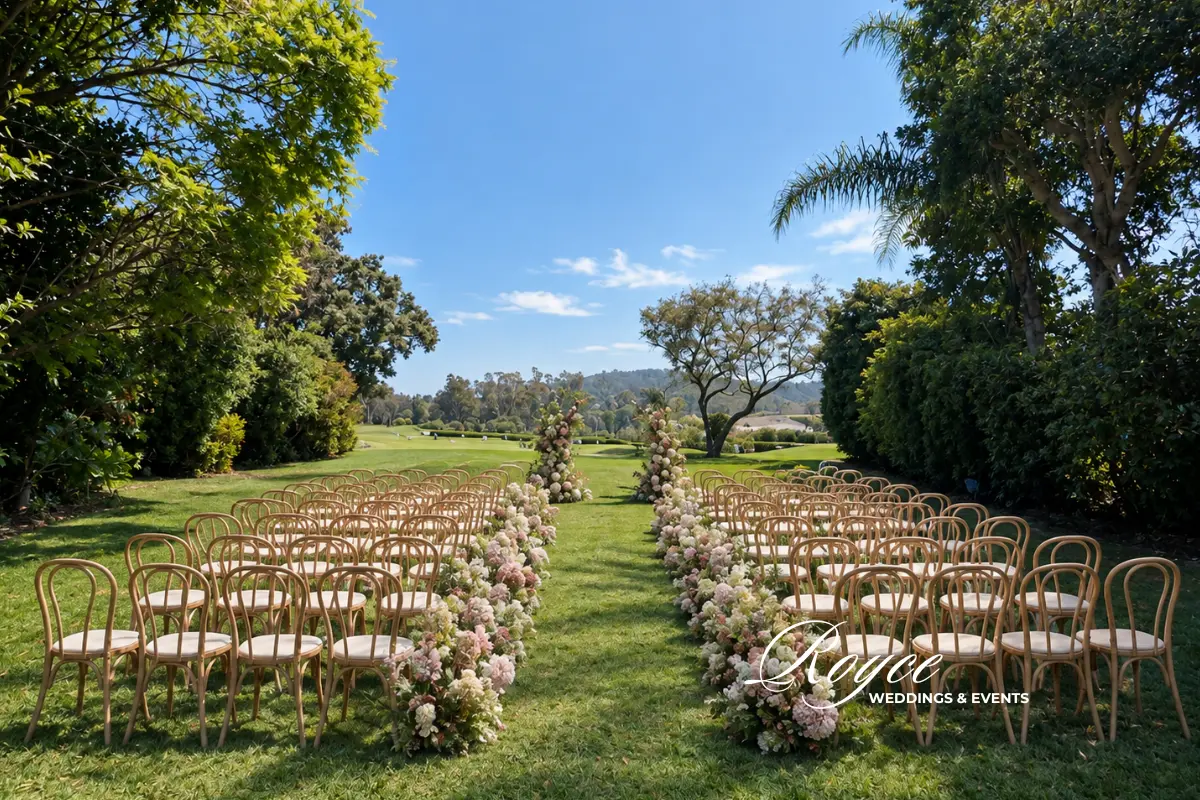 luxury Carlsbad wedding at Palmer Pavilion with lush gardens and elegant outdoor wedding decor