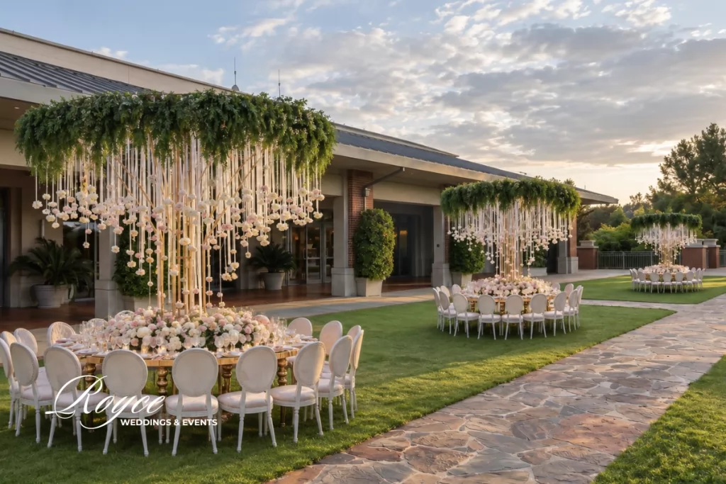Luxury outdoor wedding reception with elegant floral decor in Westlake Village California