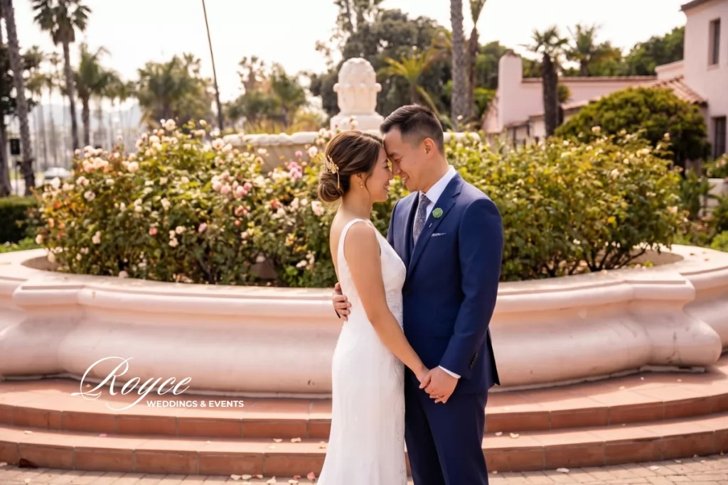 Luxury Santa Barbara wedding couple outdoor portrait with elegant California wedding scenery