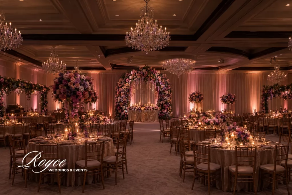 Luxury wedding reception tablescape with romantic florals and elegant place settings in Westlake Village