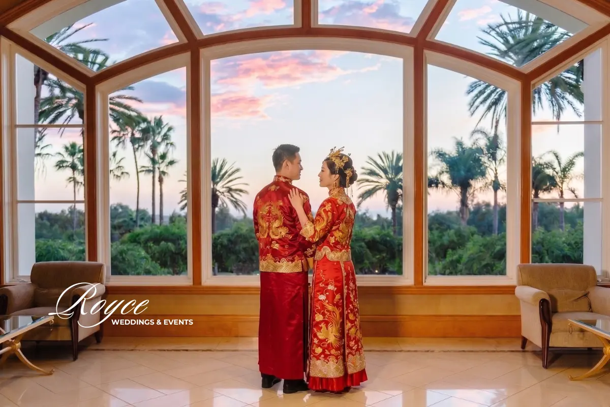 Park Hyatt Aviara Wedding couple in traditional Chinese wedding attire inside elegant venue