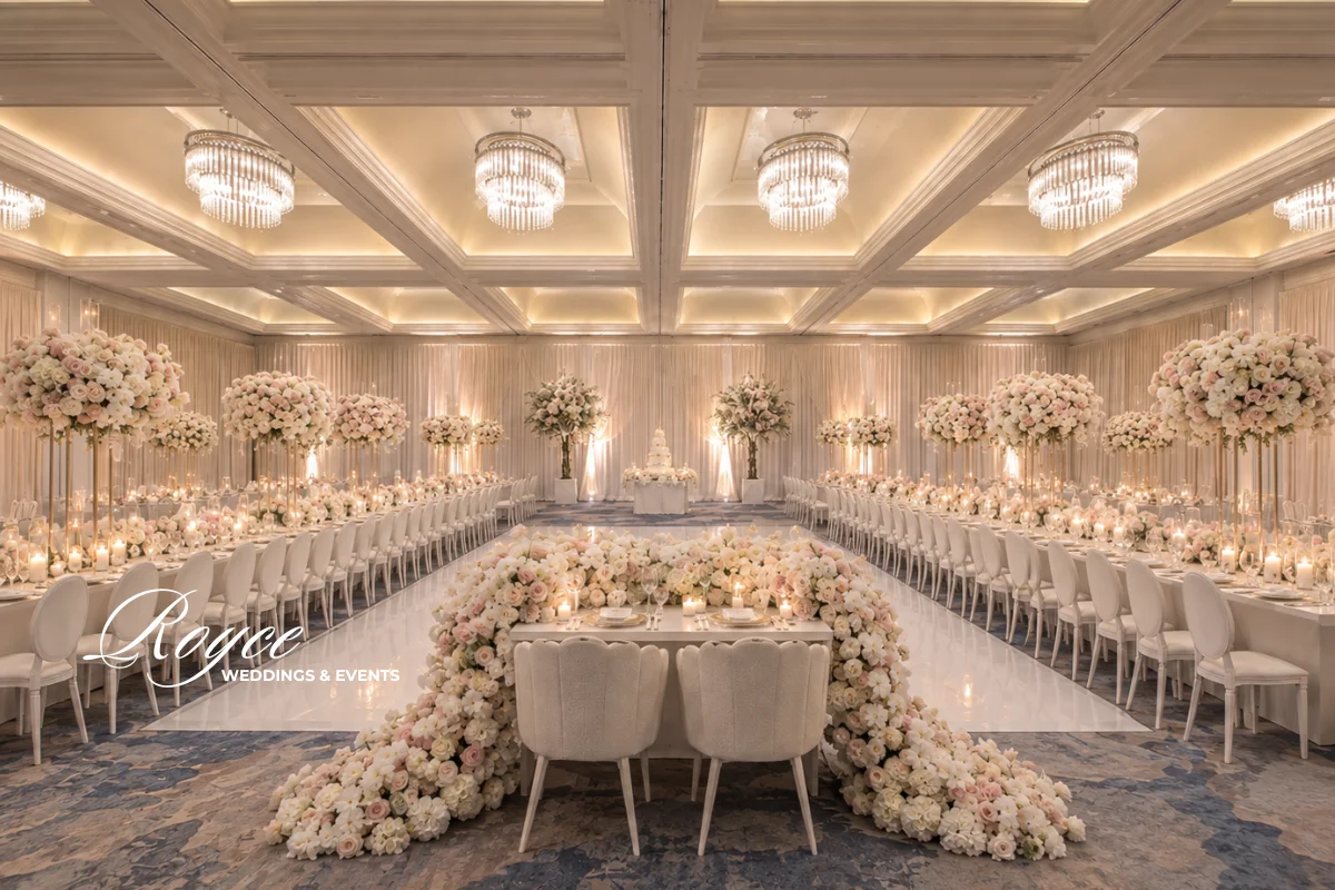 Park Hyatt Aviara Wedding Grand Ballroom reception with luxury floral decor and elegant tablescape