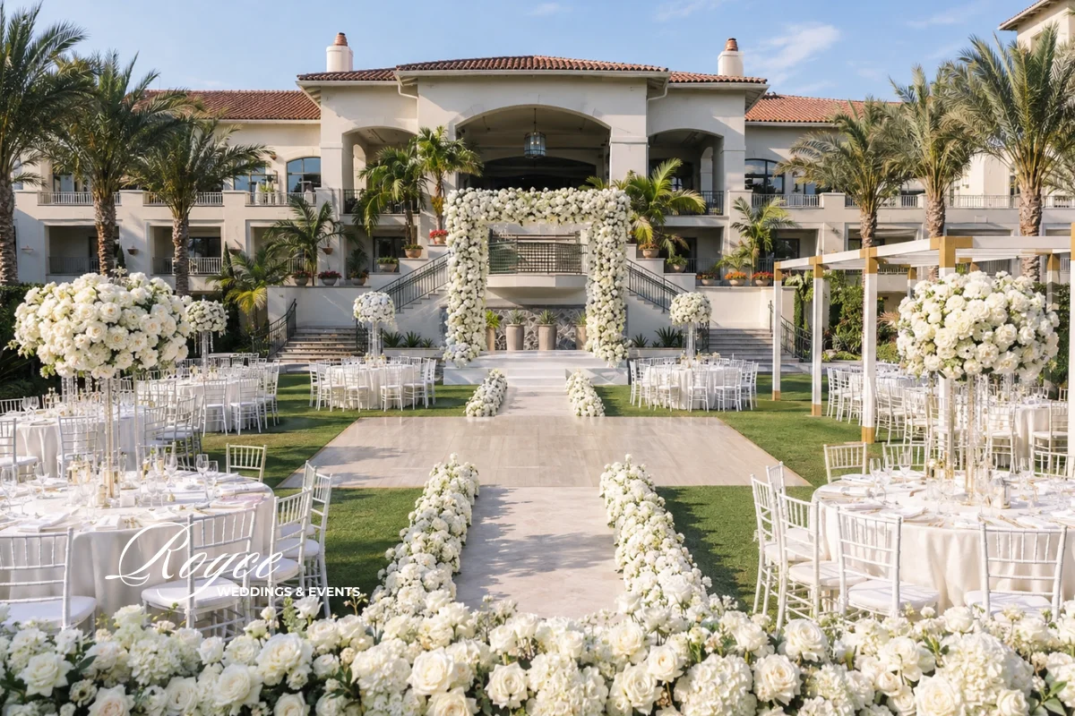 Park Hyatt Aviara Wedding grand outdoor ceremony at The Gardens with elegant floral decor and lush gardens