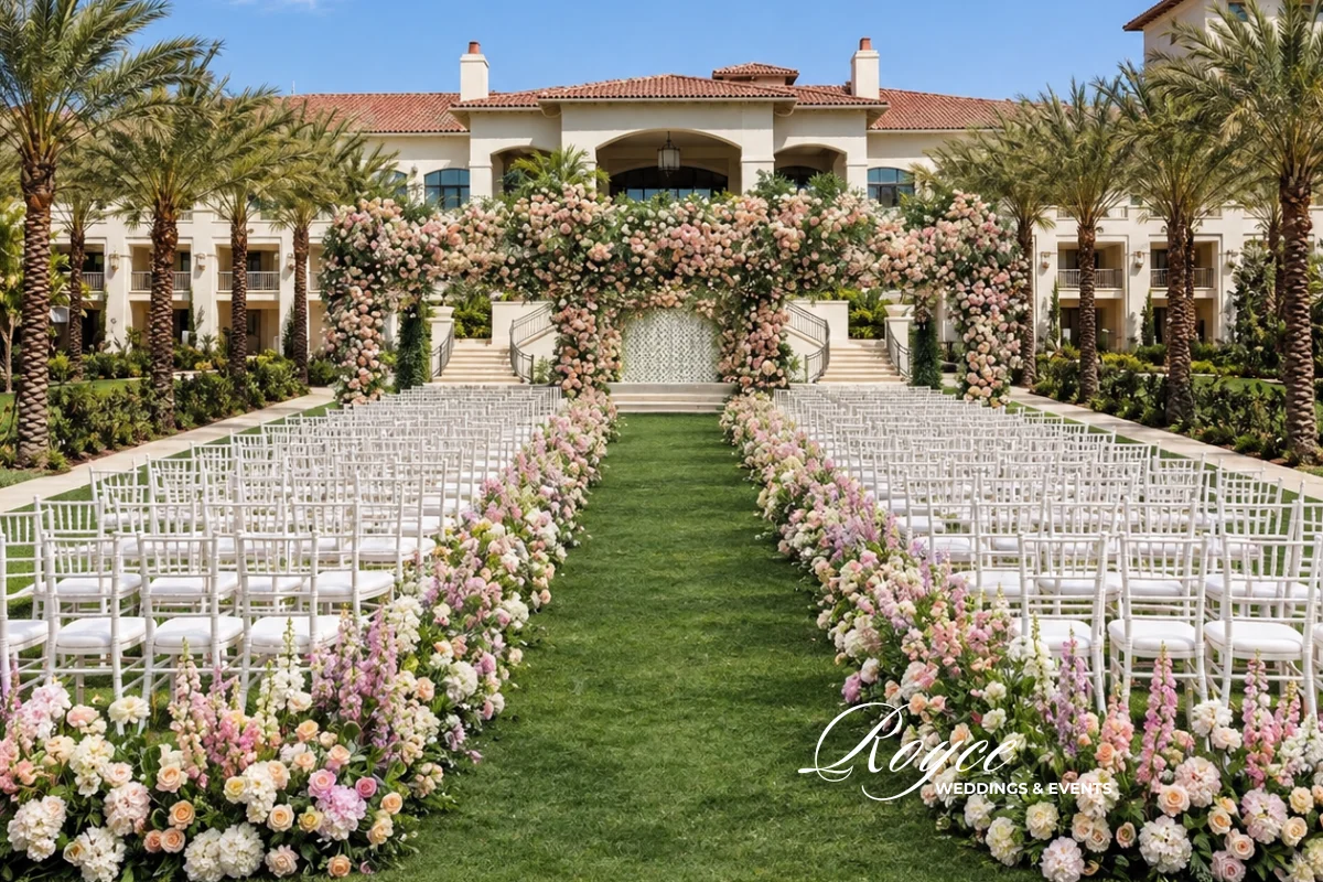 Park Hyatt Aviara Wedding outdoor ceremony at The Gardens with romantic florals and garden setting
