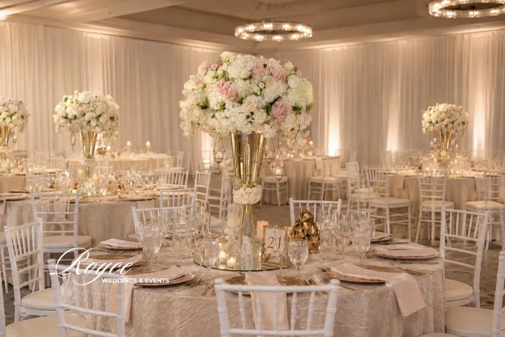 Santa Barbara Hilton Wedding ballroom reception with luxury floral design and elegant tablescape