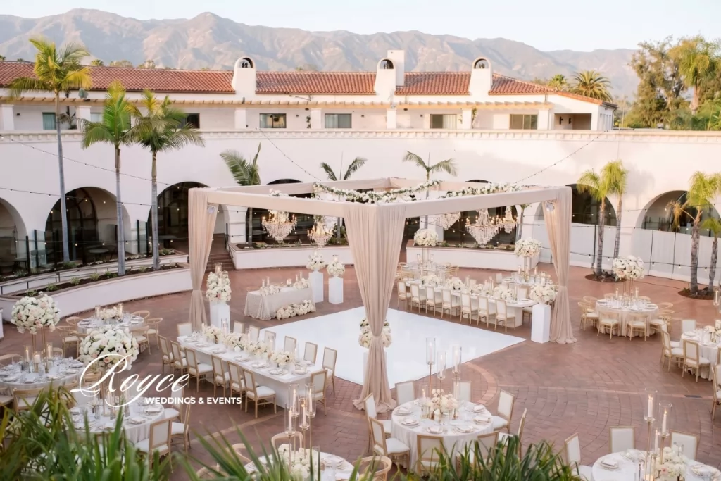 Santa Barbara Hilton Wedding magical outdoor reception with luxury floral decor and elegant tables
