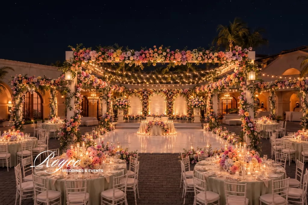 Santa Barbara Hilton Wedding nighttime outdoor reception under romantic fairy lights