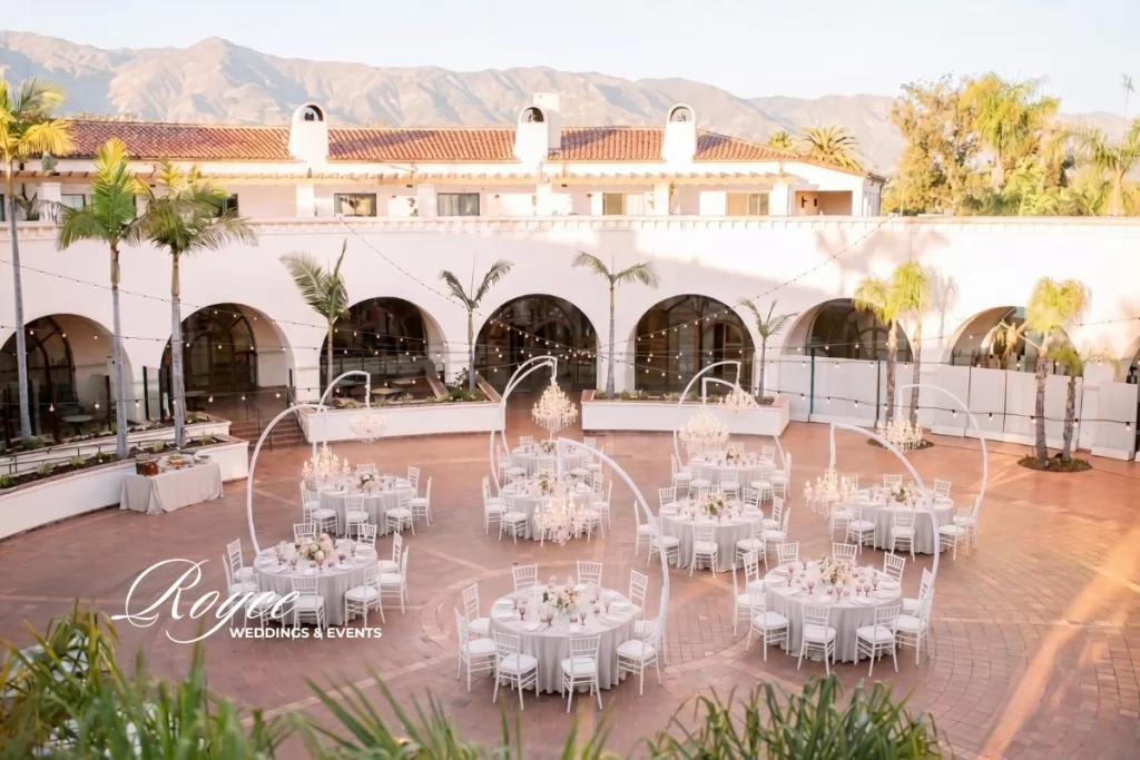 Santa Barbara Hilton Wedding outdoor reception at Plaza del Sol with elegant tablescape and coastal views.