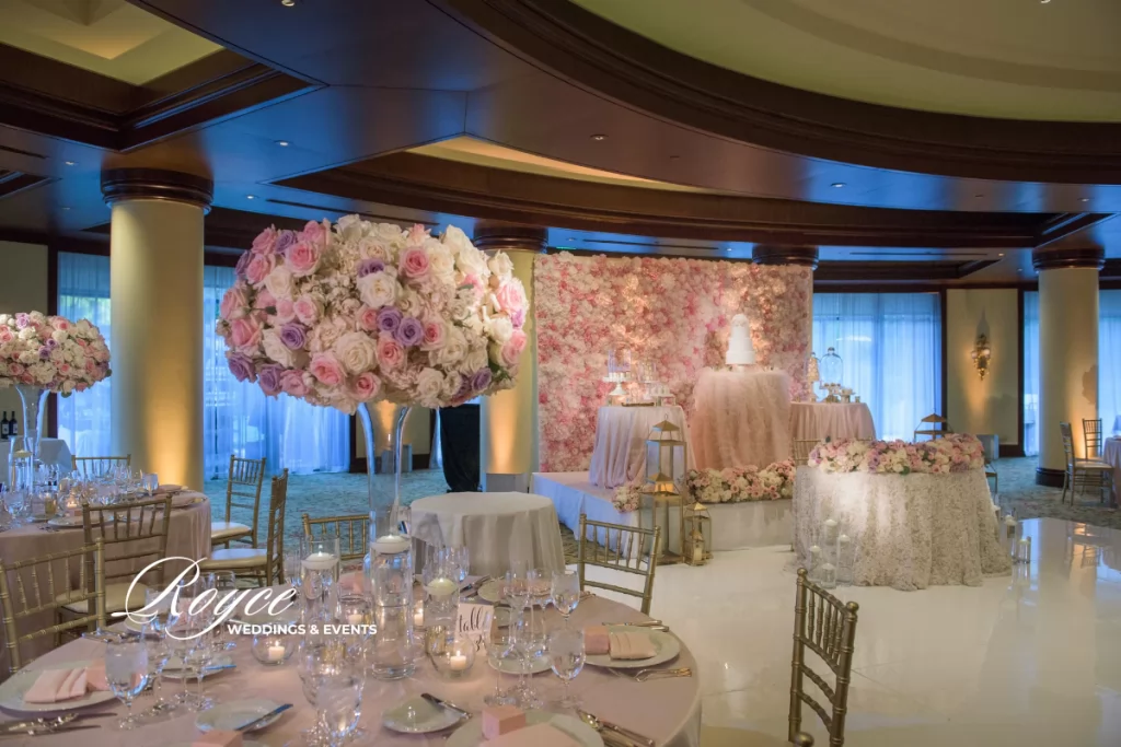 luxury Westlake Village wedding reception at Hampton Ballroom with elegant floral and candlelight decor