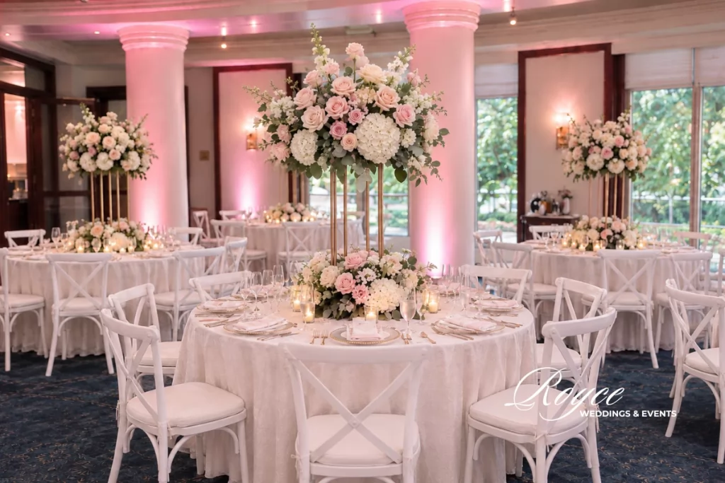 luxury Westlake Village wedding reception with elegant ballroom decor and sophisticated tablescape