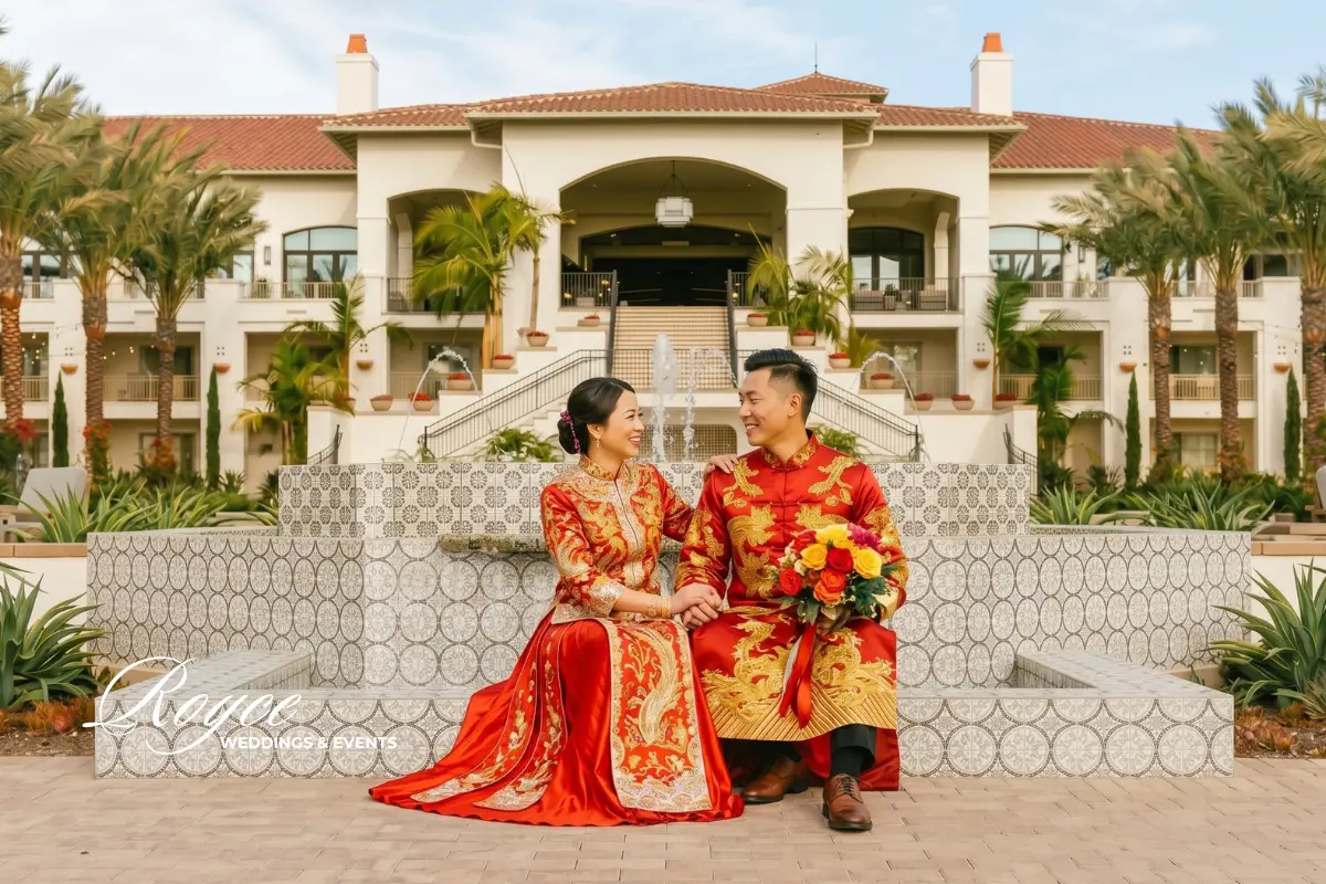 Chinese-American wedding at Park Hyatt Aviara with bride and groom in traditional Chinese wedding attire