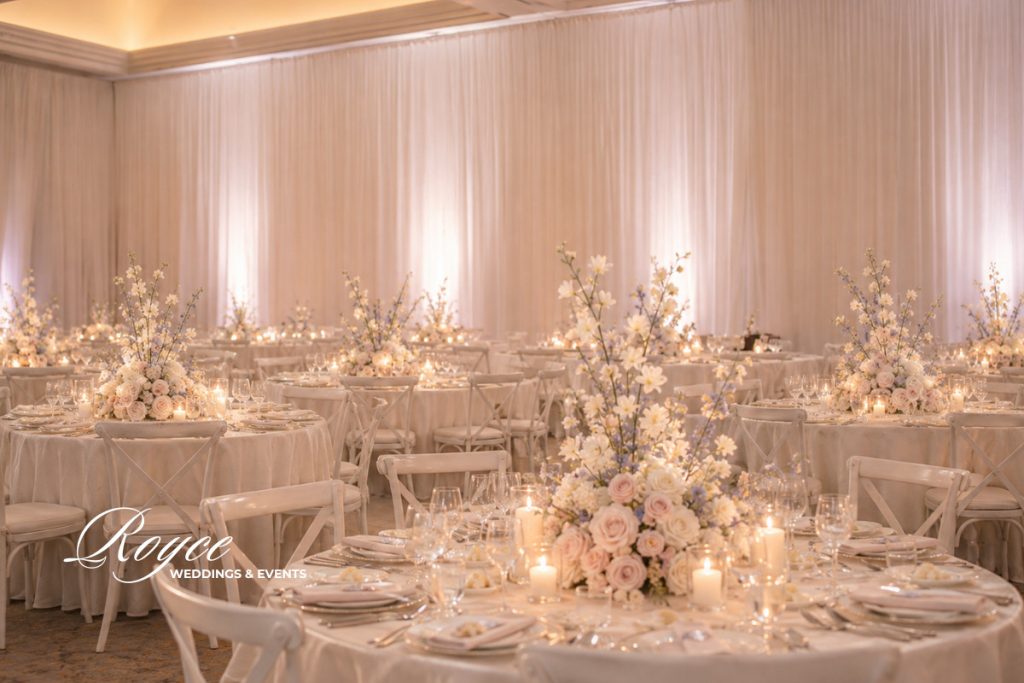 Park Hyatt Aviara Grand Ballroom wedding reception with luxury floral decor