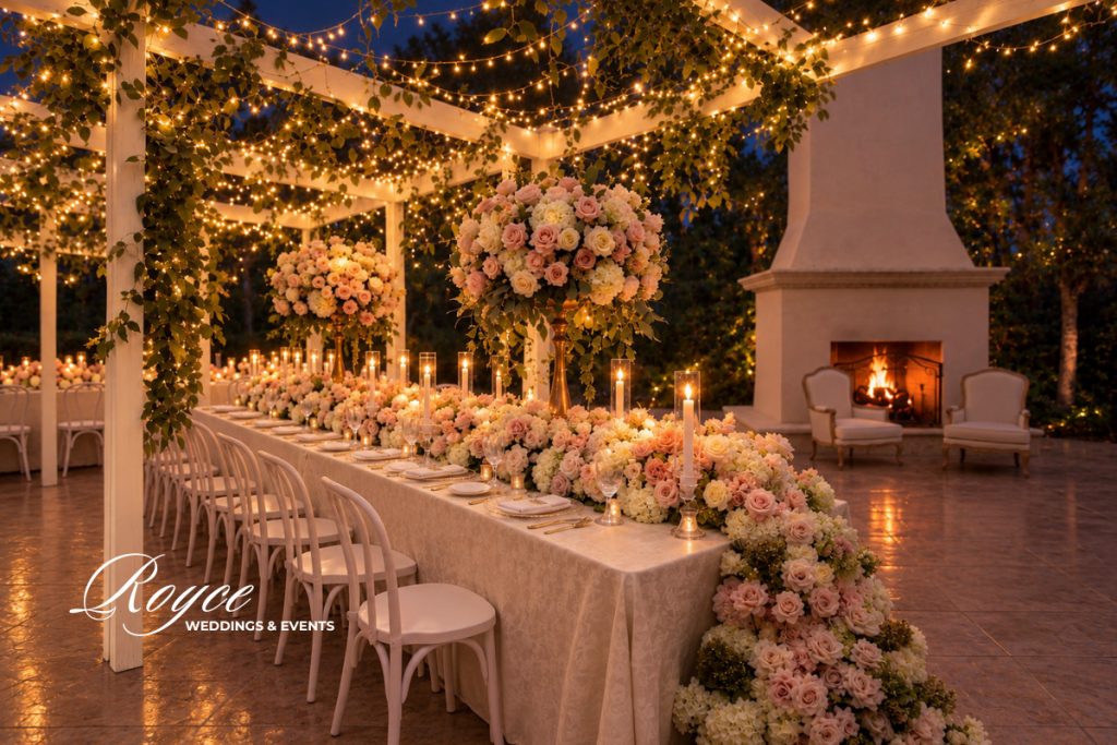 romantic outdoor wedding reception under fairy lights and stars at Park Hyatt Aviara