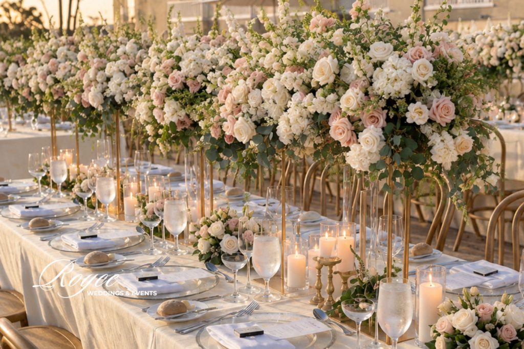 luxury outdoor wedding reception tablescape with lush floral centerpieces