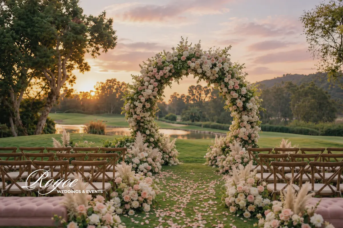 San Diego wedding venue outdoor ceremony with romantic floral wedding decor