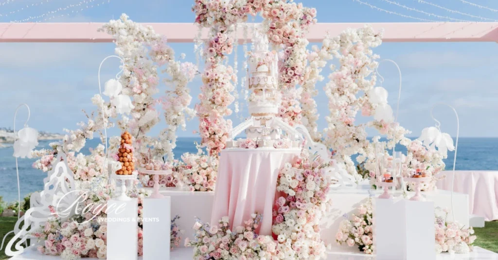 Dreamy wedding cake and dessert display at luxury Montage Laguna Beach wedding