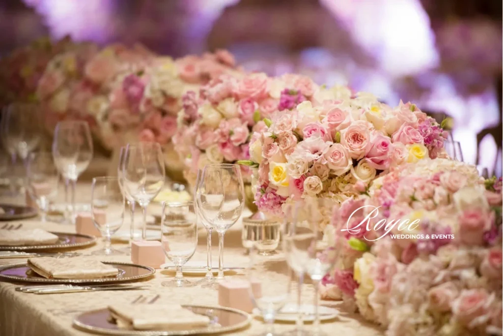 Luxury wedding reception table setting at Pelican Hill Resort, curated by Royce Weddings & Events.